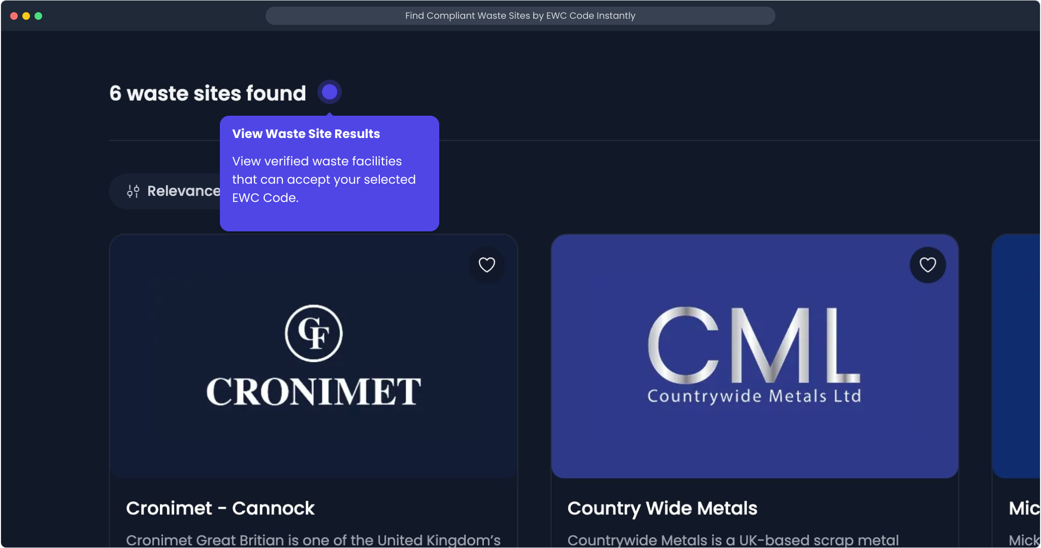 Reviewing a shortlist of matching waste sites for the selected EWC code
