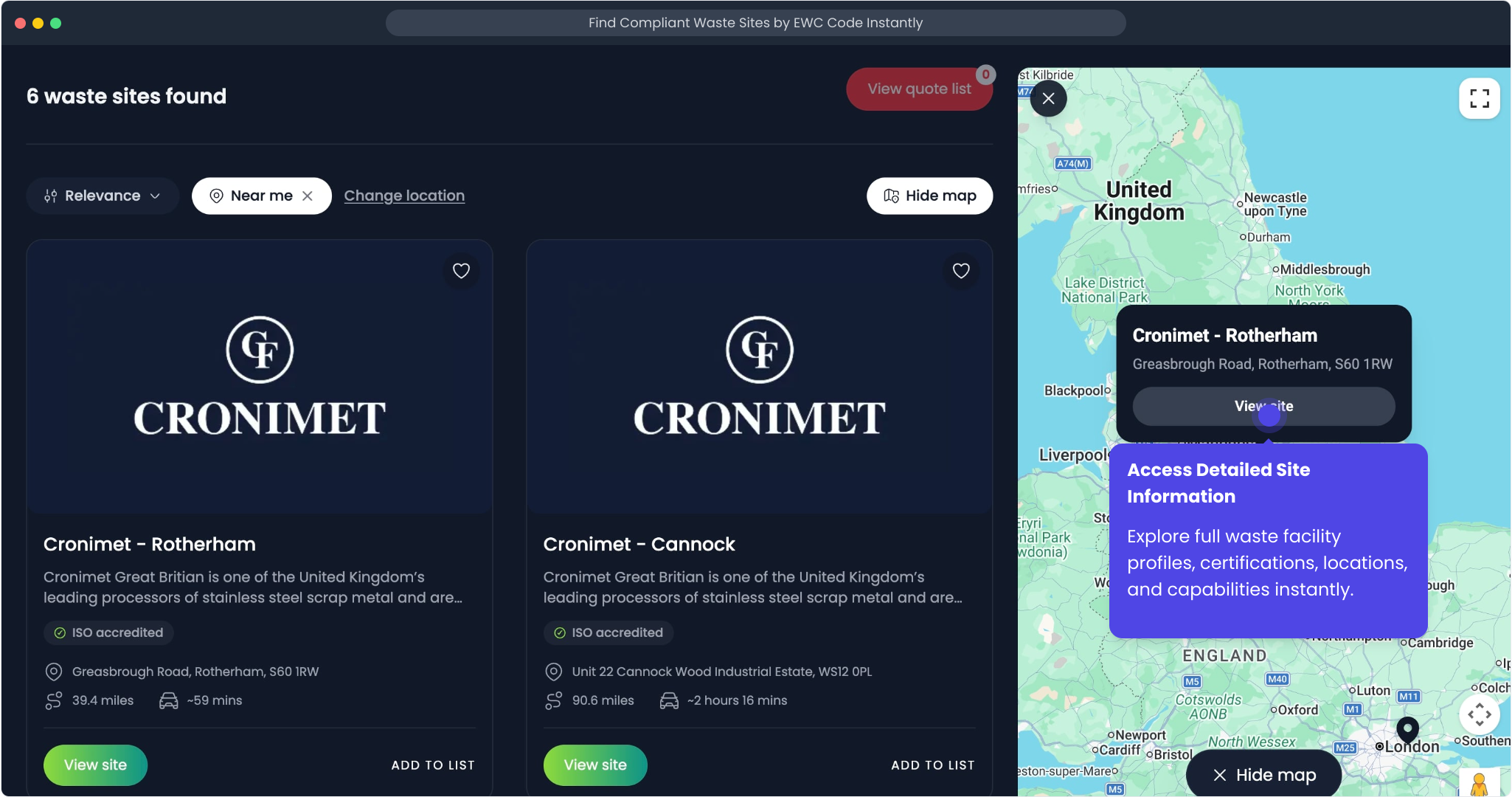 Opening a full waste site listing from the search results
