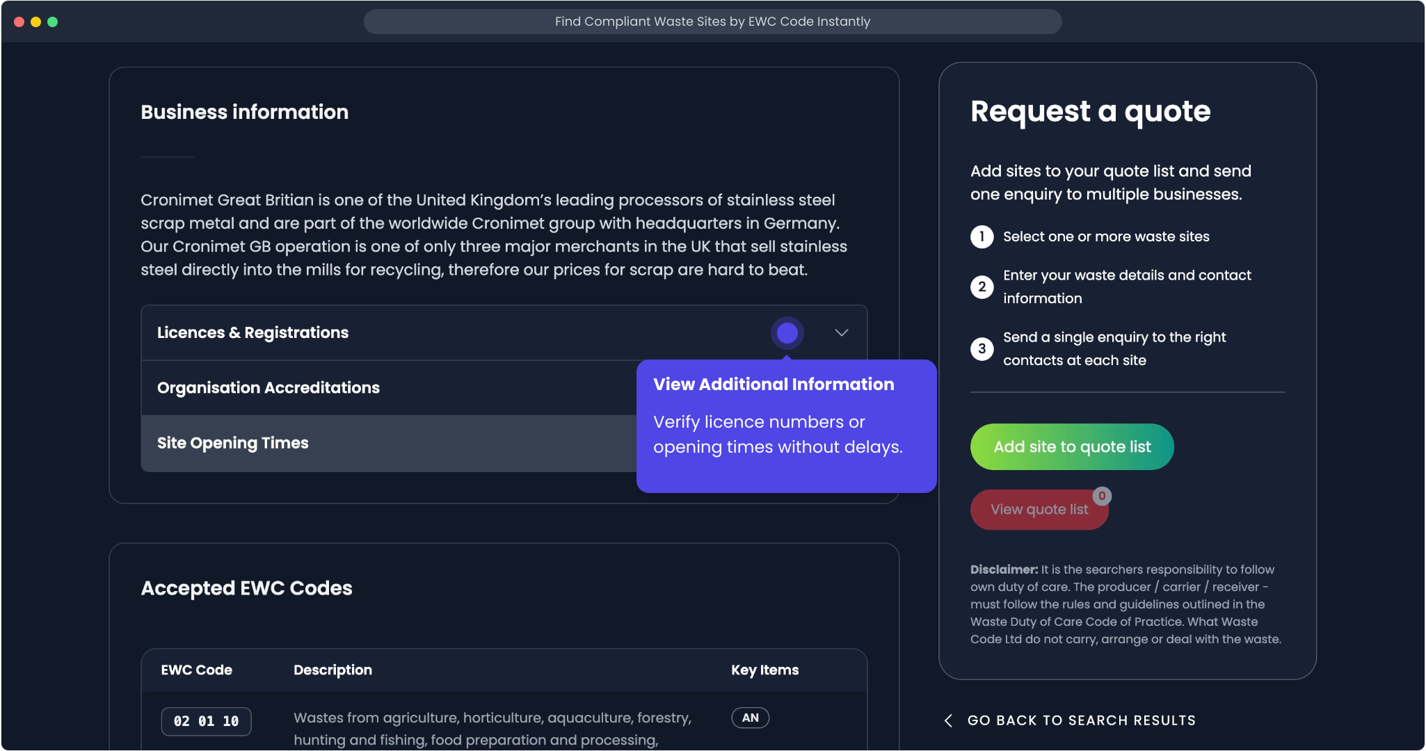 Reviewing extra site details such as licence references and opening times